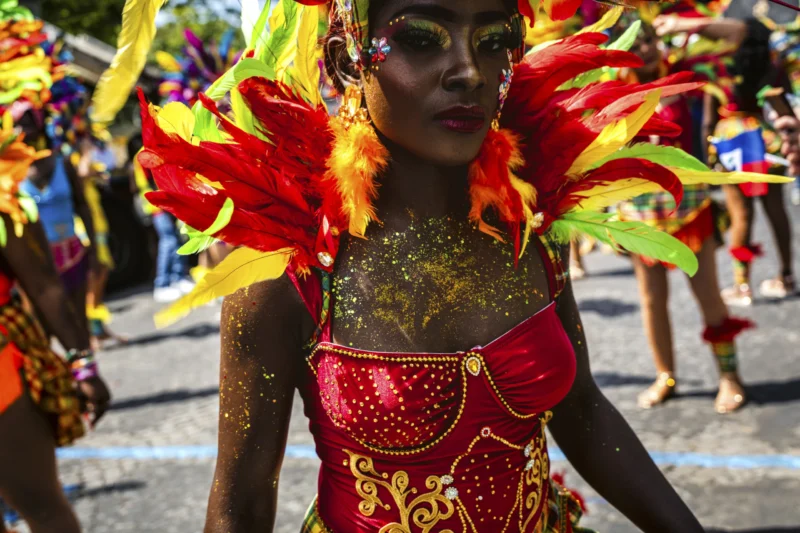 Thierry · 05/07/2026 · 3840 x 2560 Cette photographie capture une personne en costume festif, probablement lors d’un carnaval. Le sujet principal porte un déguisement aux couleurs vives, avec des plumes rouges et des paillettes dorées, évoquant un style exubérant et théâtral.Le cadrage est serré, mettant en valeur les détails du costume et les expressions. La lumière naturelle éclaire le sujet, créant des contrastes marqués. Les couleurs dominantes sont le rouge, l’or et le vert, renforçant l’ambiance joyeuse et festive. L’arrière-plan flou suggère une foule en mouvement, accentuant l’énergie du moment.