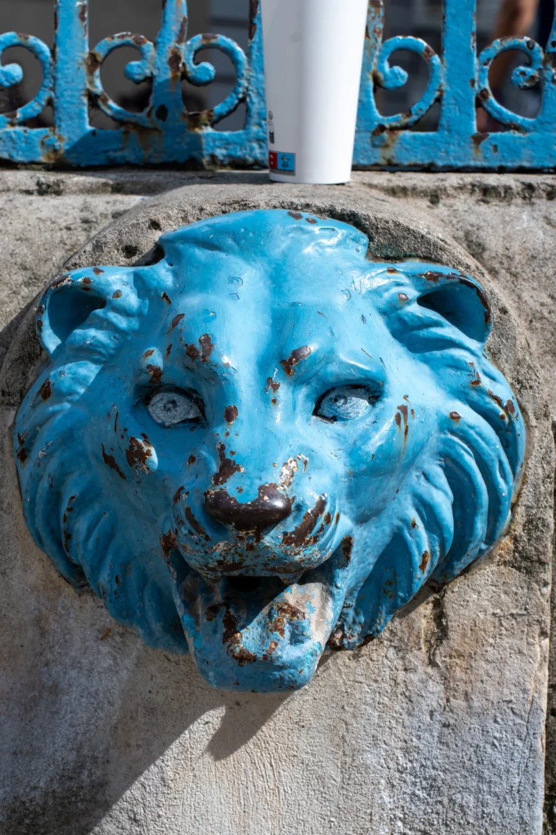 Marc L. · 20/06/2026 · 3887 x 5831 Cette photographie met en scène une tête de lion stylisée en céramique ou métal émaillé, peinte en bleu délavé. Le sujet principal est centré, avec un cadrage serré qui isole la tête, accentuant ses traits expressifs et usés.La lumière naturelle, probablement solaire, éclaire le sujet de face, créant des ombres douces et mettant en valeur les détails. Les couleurs dominantes sont le bleu vif et le blanc, avec des touches de gris sur les zones érodées.Le style est artisanal et vintage, évoquant une ambiance ancienne et légèrement mélancolique, renforcée par les traces de temps sur la sculpture.
