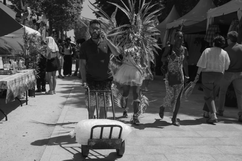 Alice · 05/07/2026 · 7008 x 4672 Cette photographie en noir et blanc capture une scène de rue animée. Le sujet principal est un homme vêtu d’un costume traditionnel richement décoré, tenant une structure ornée de plumes, probablement pour une célébration ou une fête folklorique.La composition montre une rue étroite avec des passants et des stands sur les côtés. Le cadrage est serré sur l’homme, mais inclut aussi des éléments périphériques, créant une ambiance dynamique. La lumière semble naturelle, avec des contrastes marqués. L’absence de couleurs accentue les textures et les formes, renforçant l’aspect dramatique et culturel de la scène. L’ambiance est festive et traditionnelle.