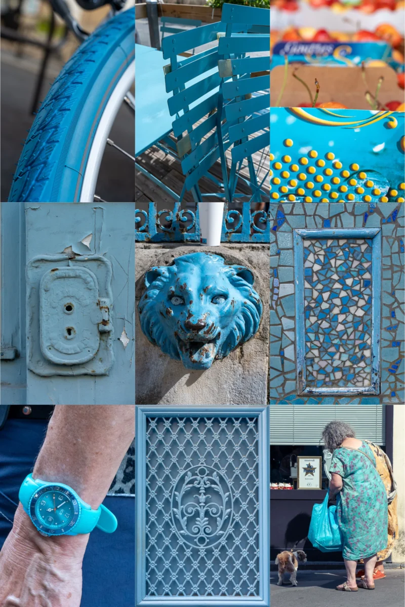 Marc L. · 01/07/2026 · 1802 x 2698 Cette photographie est un collage mettant en scène divers objets et motifs aux **teintes bleutées**.Le **sujet principal** semble être une exploration artistique du bleu, avec des éléments comme des **mosaïques, sculptures, textiles et accessoires** (bracelet, lion en métal). La **composition** est variée, avec des cadrages serrés et des plans larges.La **lumière** est naturelle, mettant en valeur les textures et les détails. Les **couleurs dominantes** sont les bleus turquoise, gris et quelques touches de vert ou doré.Le **style** est esthétique et artisanal, évoquant une **ambiance créative et artisanale**, presque poétique.