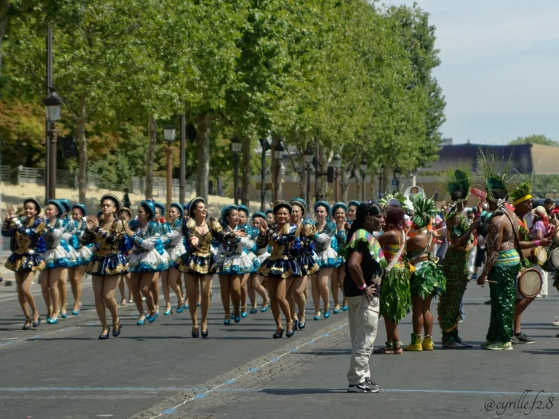 Cyrille · 05/07/2026 · 1200 x 900 Cette photographie capture une défilé festif. Le sujet principal est un groupe de danseurs en costumes colorés, évoquant des thèmes tropicaux ou carnavalesques. La composition montre une file serrée de participants marchant sur une chaussée, encadrée par des arbres et des bâtiments.Le cadrage est dynamique, mettant en valeur le mouvement. La lumière est naturelle et douce, suggérant un jour ensoleillé. Les couleurs dominantes sont vives : bleus, verts, jaunes et rouges, créant une ambiance joyeuse et festive. Le style est documentaire, captant un moment authentique et énergique.