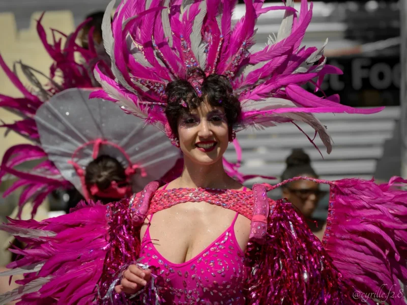 Cyrille · 05/07/2026 · 1200 x 900 Cette photographie met en scène une femme vêtue d’un costume extravagant, sujet principal. Elle porte une tenue scintillante rose fuchsia avec des plumes volumineuses et un décolleté profond, évoquant un style festif ou carnavalesque.Le cadrage est serré sur elle, avec des éléments flous en arrière-plan, suggérant une foule et un environnement urbain animé. La lumière semble naturelle et met en valeur les reflets de la tenue. Les couleurs dominantes sont le rose vif et les touches de blanc et noir. L’ambiance est joyeuse, théâtrale et festive, typique d’un événement culturel ou d’une célébration.