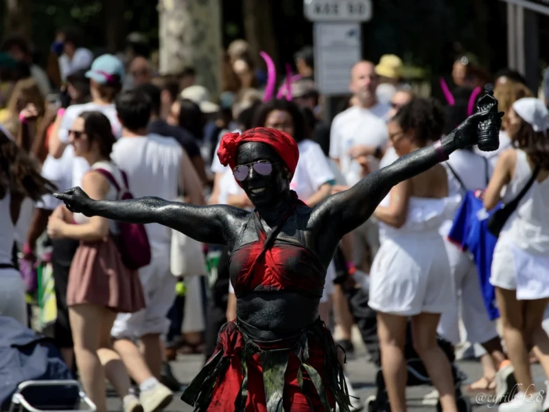 Cyrille · 05/07/2026 · 1200 x 900 Cette photographie capture un défilé ou une fête de rue. Le **sujet principal** est un danseur vêtu d’un costume noir et rouge, avec des plumes et un masque, en posture dynamique.La **composition** met en valeur ce personnage au premier plan, tandis que l’arrière-plan montre une foule floue. Le **cadrage** est serré sur le danseur, créant un effet de profondeur. La **lumière** semble naturelle, avec des ombres douces, suggérant un jour ensoleillé.Les **couleurs dominantes** sont le noir, le rouge et des tons chauds, contrastant avec les vêtements blancs et pastel de la foule. Le **style** est spontané et festif, évoquant une **ambiance** joyeuse et énergique.