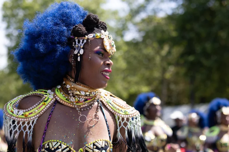 Laurence · 05/07/2026 · 1350 x 900 Cette photographie met en scène une femme comme sujet principal, vêtue d’un costume traditionnel richement décoré. Elle arbore une coiffure bleue volumineuse et des bijoux ornés.La composition est centrée sur elle, avec un cadrage serré qui isole son visage et ses accessoires. L’arrière-plan flou montre une foule, suggérant un événement public.La lumière naturelle éclaire son visage, mettant en valeur ses traits et ses parures. Les couleurs dominantes sont les tons dorés, verts et bleus, typiques d’un style traditionnel et festif. L’ambiance est vibrante et culturelle, évoquant une célébration ou une fête traditionnelle.