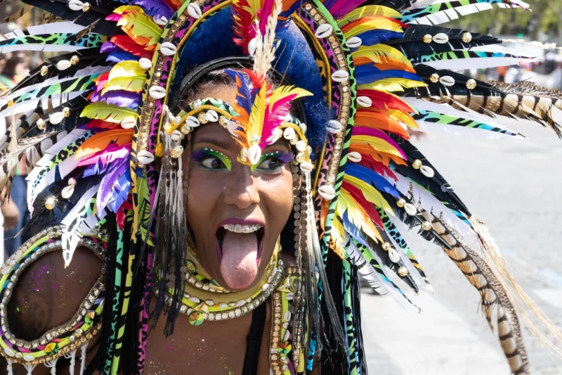 Laurence · 05/07/2026 · 1350 x 900 Cette photographie met en scène une personne vêtue d’un somptueux costume festif. Le sujet principal est une femme portant un impressionnant headdress coloré, riche en plumes et en paillettes, avec des bijoux étincelants.Le cadrage est serré, centré sur son visage et son accessoire, créant une ambiance dynamique. La lumière semble naturelle et met en valeur les couleurs vives et chatoyantes, dominées par des teintes vives comme le bleu, le rose, le vert et l’or.Le style évoque une célébration, probablement une fête traditionnelle ou un carnaval, avec une ambiance joyeuse et exubérante.
