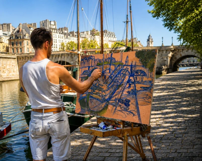 Bao · 28/07/2026 · 1401 x 1123 Un artiste peint en plein air une scène urbaine avec des traits bleus sur une toile orange posée sur un chevalet près d'un