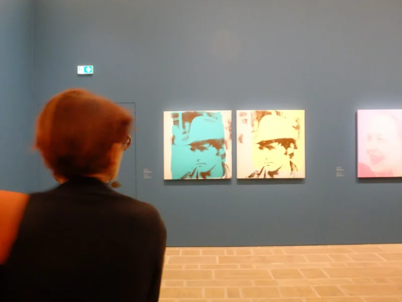 Léonard · 03/08/2026 · 4000 x 3000 Visiteur observant trois œuvres murales colorées représentant des portraits stylisés dans une galerie d'art moderne.