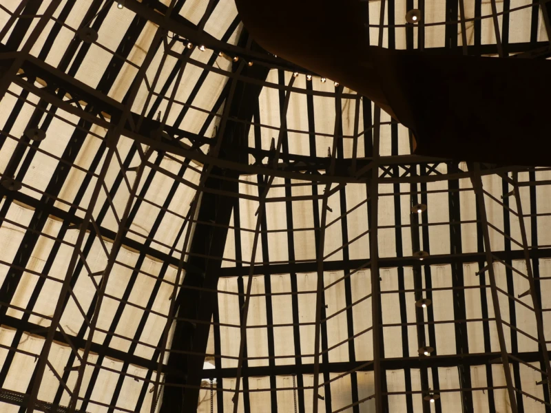 Marine · 20/09/2026 · 4000 x 3000 Cette photographie met en scène une structure métallique en treillis vue de dessous, formant un motif géométrique complexe. Le cadrage est serré, accentuant les lignes et les ombres.La lumière, naturelle et tamisée, traverse les mailles, créant des jeux d'ombres et de clarté. Les couleurs dominantes sont des tons neutres : gris métallique, beige et noir, renforçant l'aspect industriel et minimaliste.L'ambiance est à la fois épurée et mystérieuse, évoquant une architecture moderne et une atmosphère presque contemplative. Le style est documentaire et architectural.