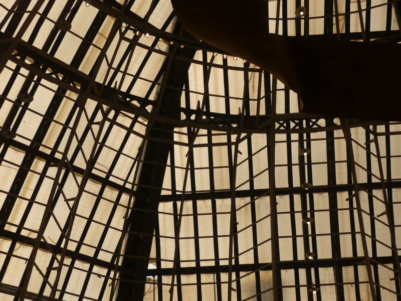 Structure architecturale en bois avec une toiture vitrée formant une grille géométrique, vue de dessous, ambiance lumineuse