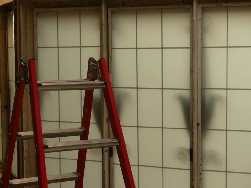 Échelle rouge en bois posée contre un mur recouvert de carreaux blancs et verts, dans une pièce en rénovation.