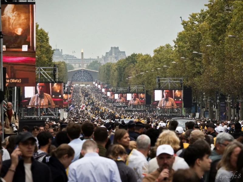 Cyrille · 26/09/2026 · 2026 x 1520 Foule dense assistant à un événement public en extérieur avec écrans géants diffusant des images, sous des arbres alignés