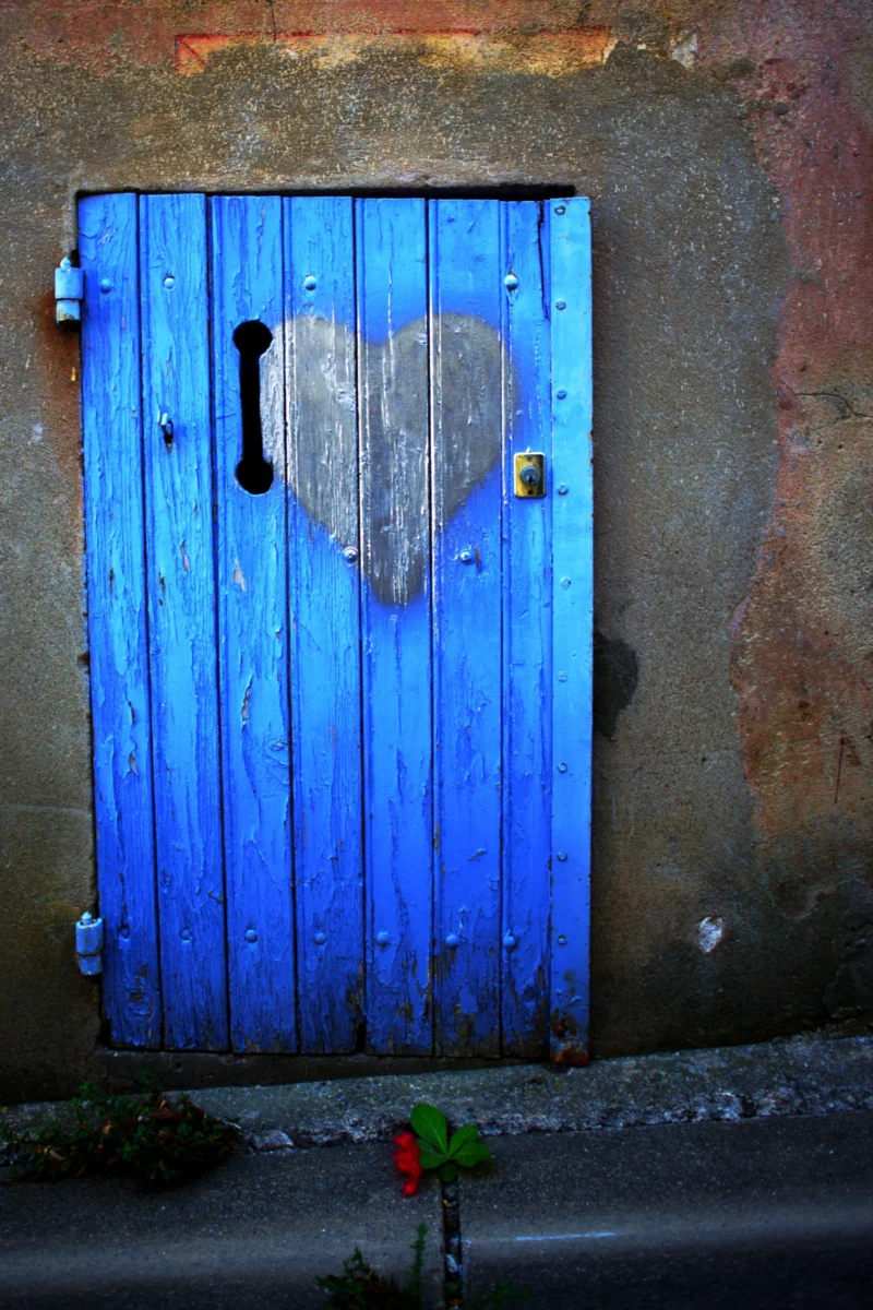 Fabienne · 29/07/2026 · 2944 x 4416 Porte bleue usée avec deux cœurs métalliques rivetés, entourée d’un mur en pierre et d’une petite plante rouge et verte