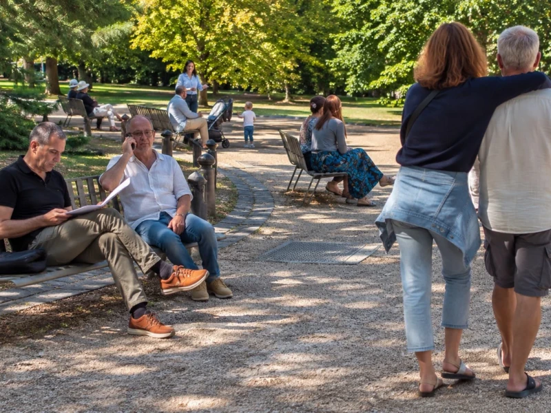 Bao · 12/09/2026 · 1614 x 975 Cette photographie capture un groupe de personnes dans un parc. Le sujet principal est un homme assis sur un banc, jouant de la guitare, entouré d’auditeurs attentifs. La composition montre une scène naturelle et détendue, avec des bancs disposés en arc de cercle.Le cadrage est serré sur les personnes, mais inclut aussi l’environnement verdoyant. La lumière est douce et naturelle, typique d’un jour ensoleillé. Les couleurs dominantes sont les verts de la végétation, les tons neutres des vêtements et les bois clairs des bancs.Le style est réaliste et documentaire, évoquant une ambiance paisible et conviviale.