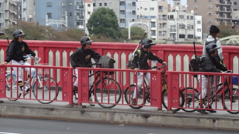 Bao · 30/10/2016 · 1920 x 1080 Quatre personnes à vélo équipées de casques et de protections, stationnées près d'une rambarde rouge sur un pont urbain.