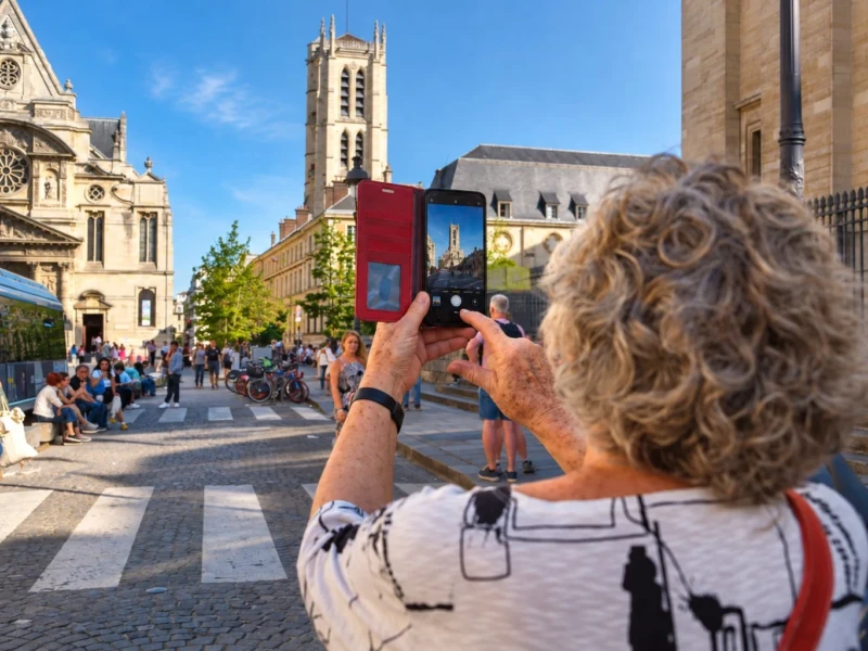 Bao · 12/09/2026 · 1536 x 1024 Une personne prend une photo d’une cathédrale gothique avec un smartphone en plein jour, entourée de passants dans une place