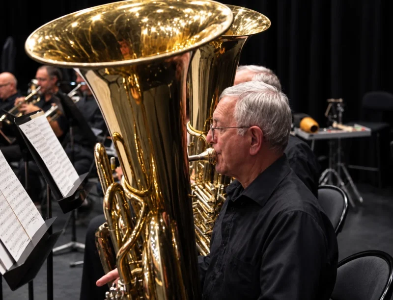 Bao · 1434 x 1097 Un musicien joue d'un tuba doré lors d'une répétition ou d'un concert en intérieur, entouré de partitions musicales.
