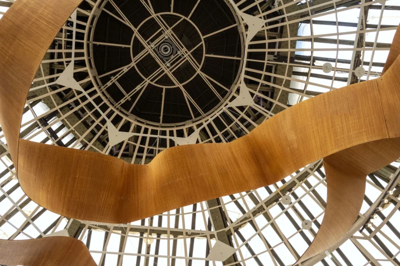Structure architecturale en bois et métal avec des formes organiques et géométriques, vue de dessous montrant un plafond