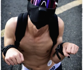 Thierry · 03/10/2026 · 1600 x 2400 Personne vêtue d’un masque à cornes et lunettes colorées, torse nu avec brassards, posant sur une route avec une posture