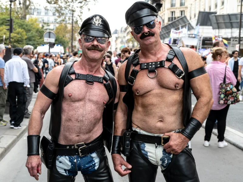 Daniel · 03/10/2026 · 2400 x 1800 Deux personnes en tenue de cuir et accessoires fétichistes posant souriantes lors d'un événement en extérieur, avec