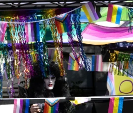 Muriel · 03/10/2026 · 2048 x 1280 Masque coloré avec perruque noire derrière une vitrine décorée de guirlandes festives multicolores et de banderoles