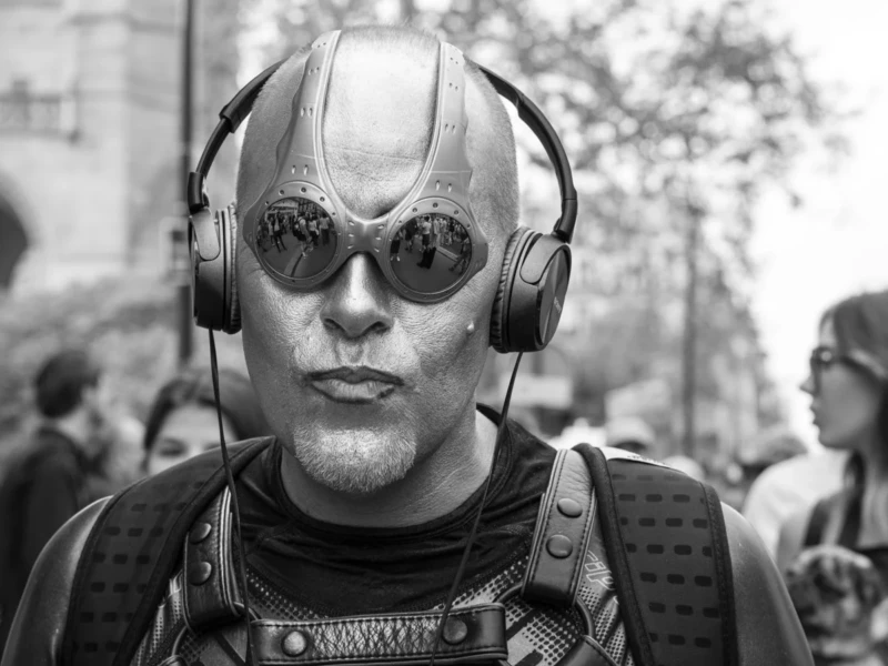 Laurence · 03/10/2026 · 1350 x 900 Personnage en costume futuriste avec casque et lunettes à écrans, portant des écouteurs dans une foule en extérieur